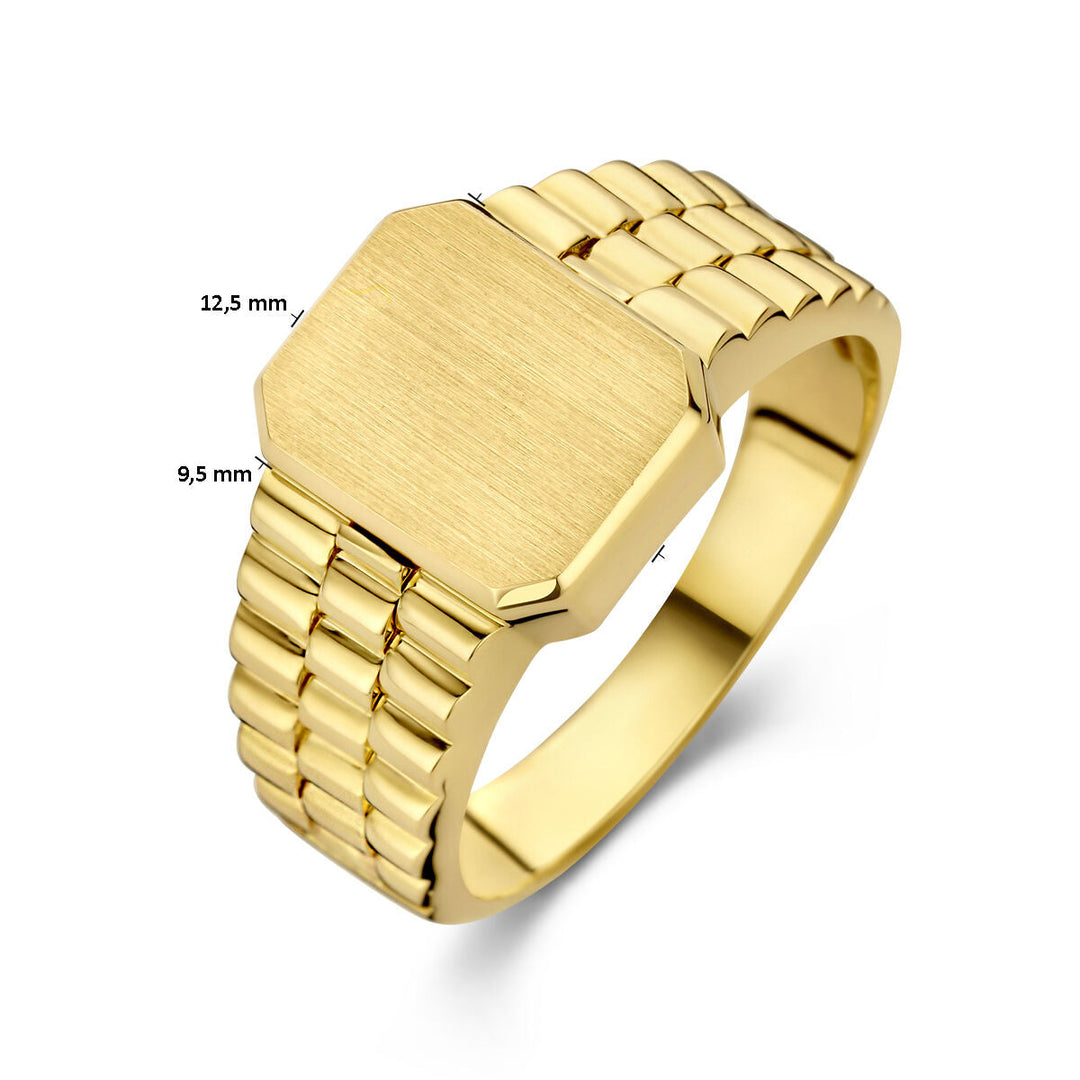 Het Van der Kooij Collectie graveerring gematteerd 14K geelgoud voor heren heeft een brede, rechthoekige platte bovenkant (12,5 x 9,5 mm), geribbelde gesegmenteerde band en gepolijste afwerking, afgebeeld op een witte achtergrond.