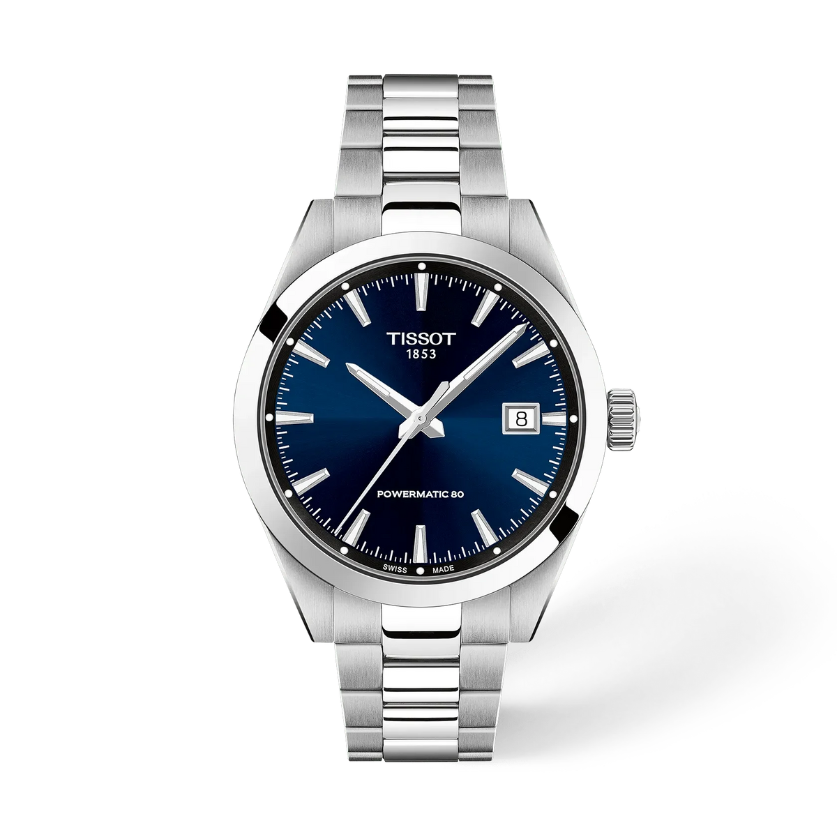 Reloj Tissot de 38 mm con esfera azul, caja de acero inoxidable y correa de acero.