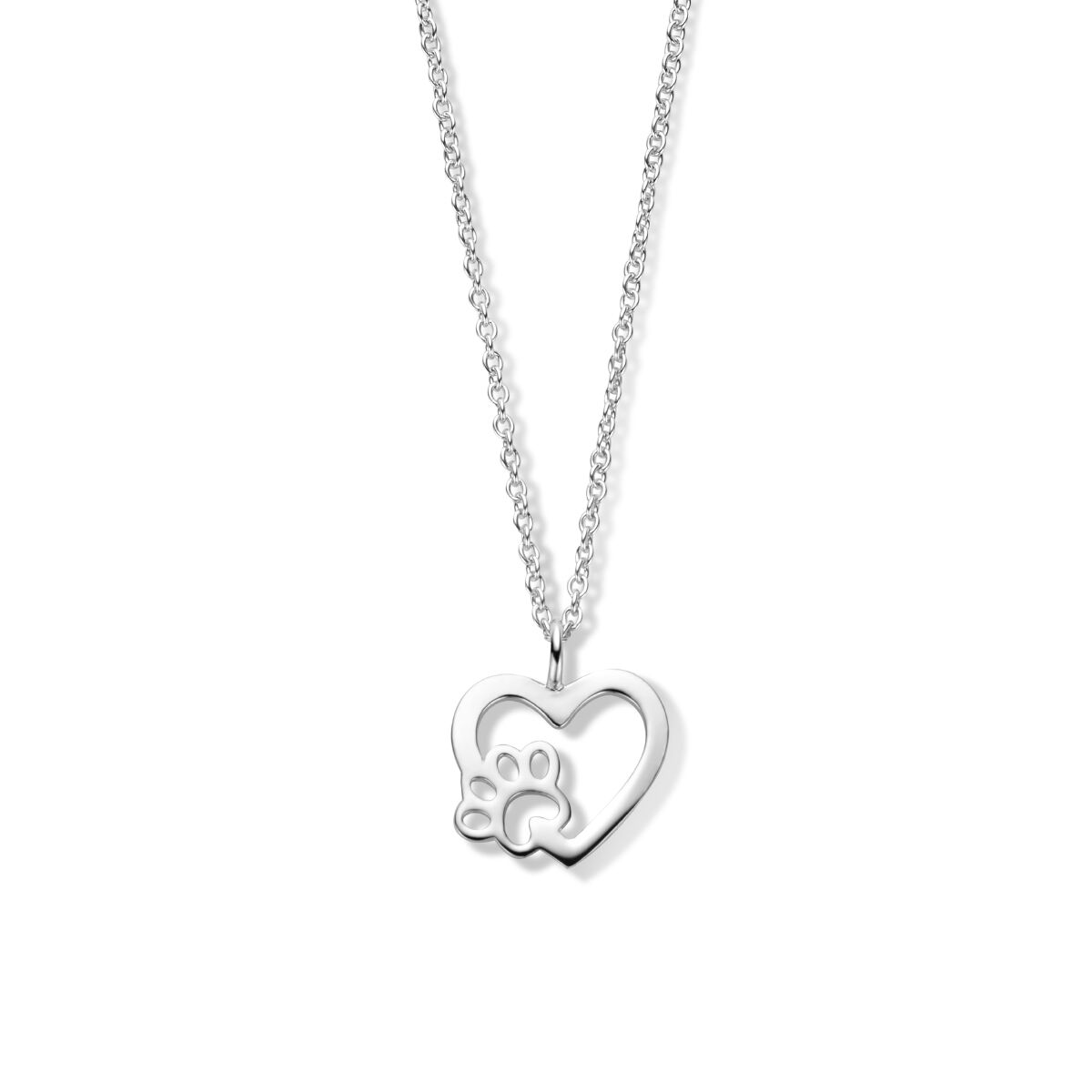 Collar de plata rodiada con colgante en forma de corazón y huella de perro.