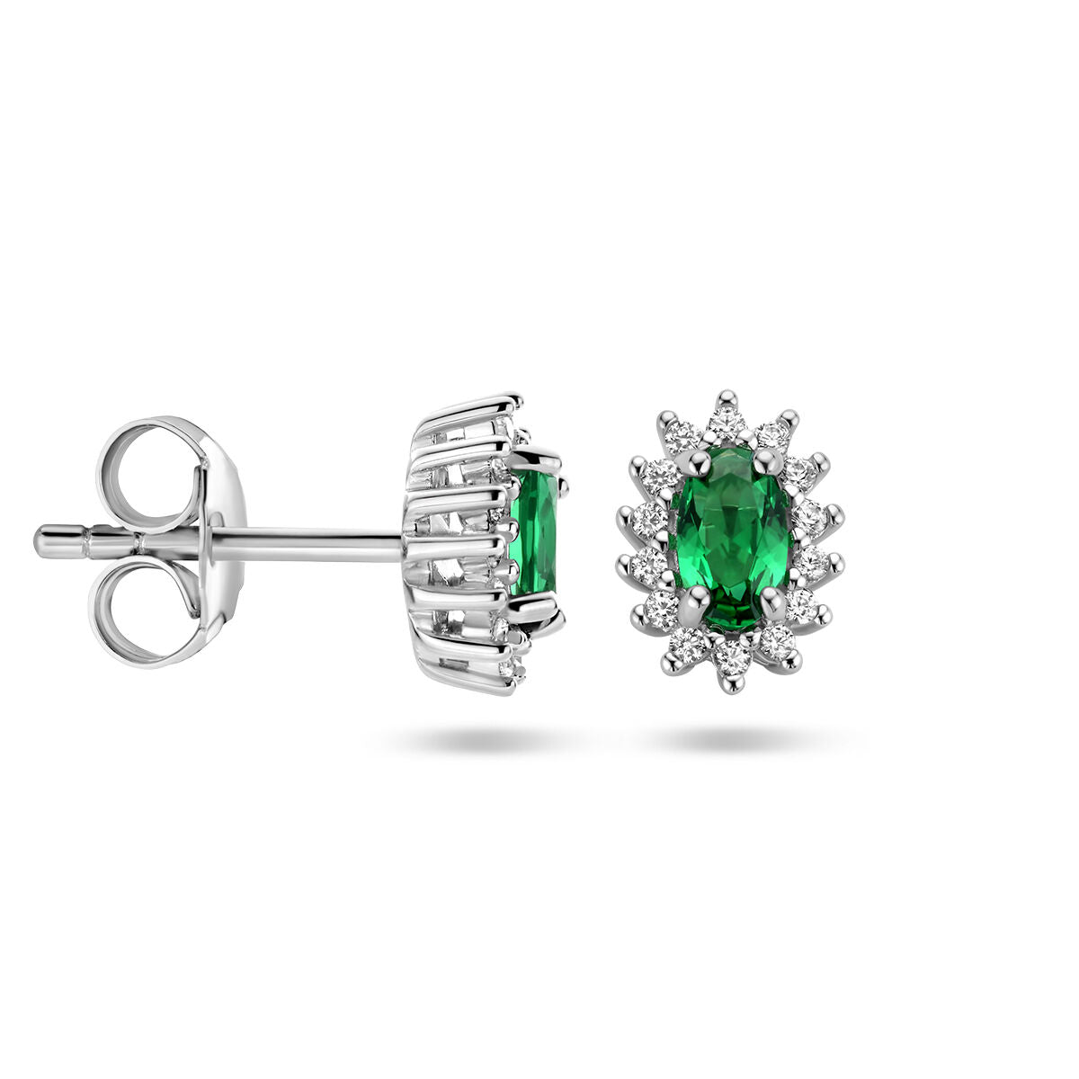 pendientes de botón sintético esmeralda y halo de circonita plata rodiada