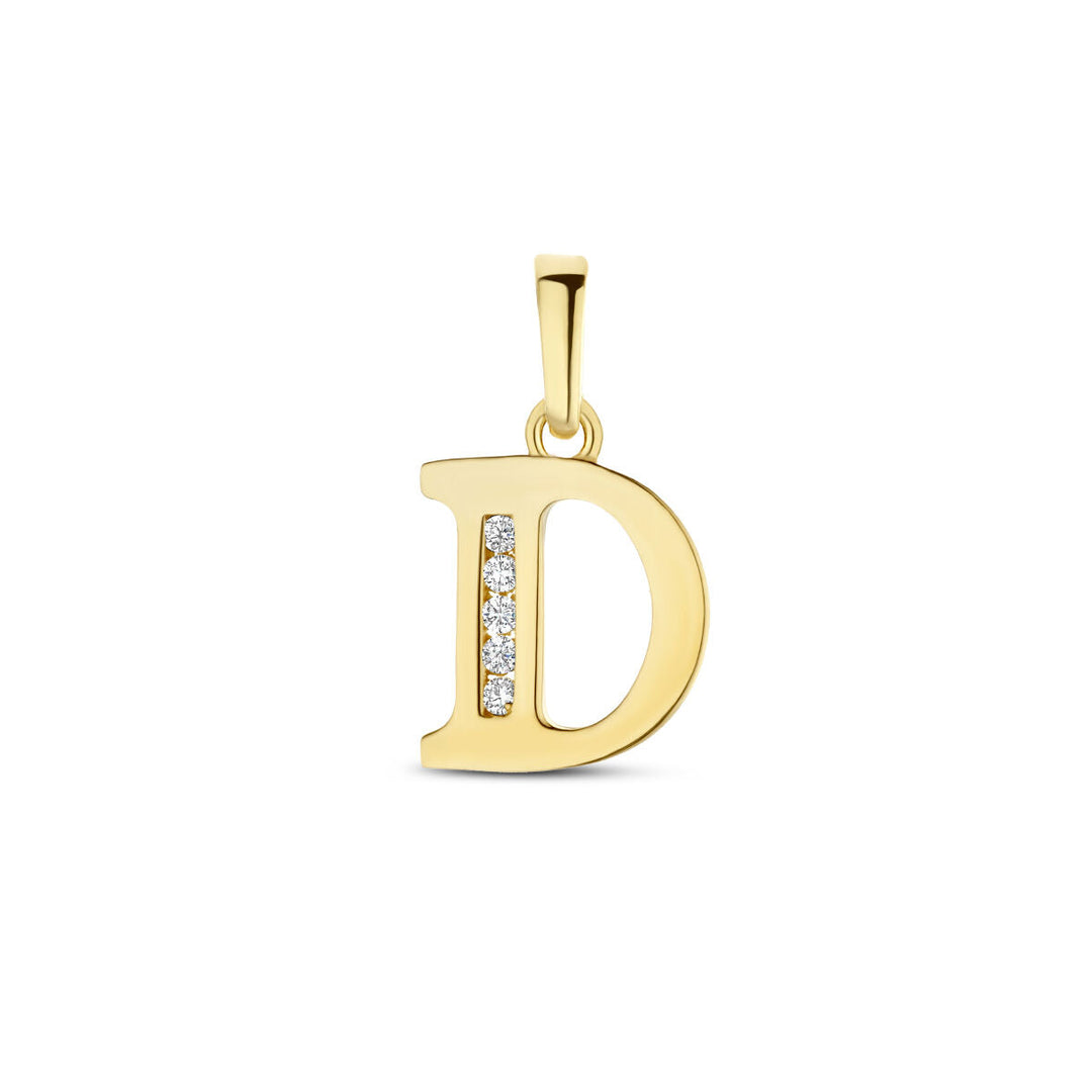 14K geelgouden hanger letter D met een verticale rij zirkonia's aan de linkerkant, gepresenteerd tegen een witte achtergrond. Een verfijnd ontwerp uit de Van der Kooij Collectie.