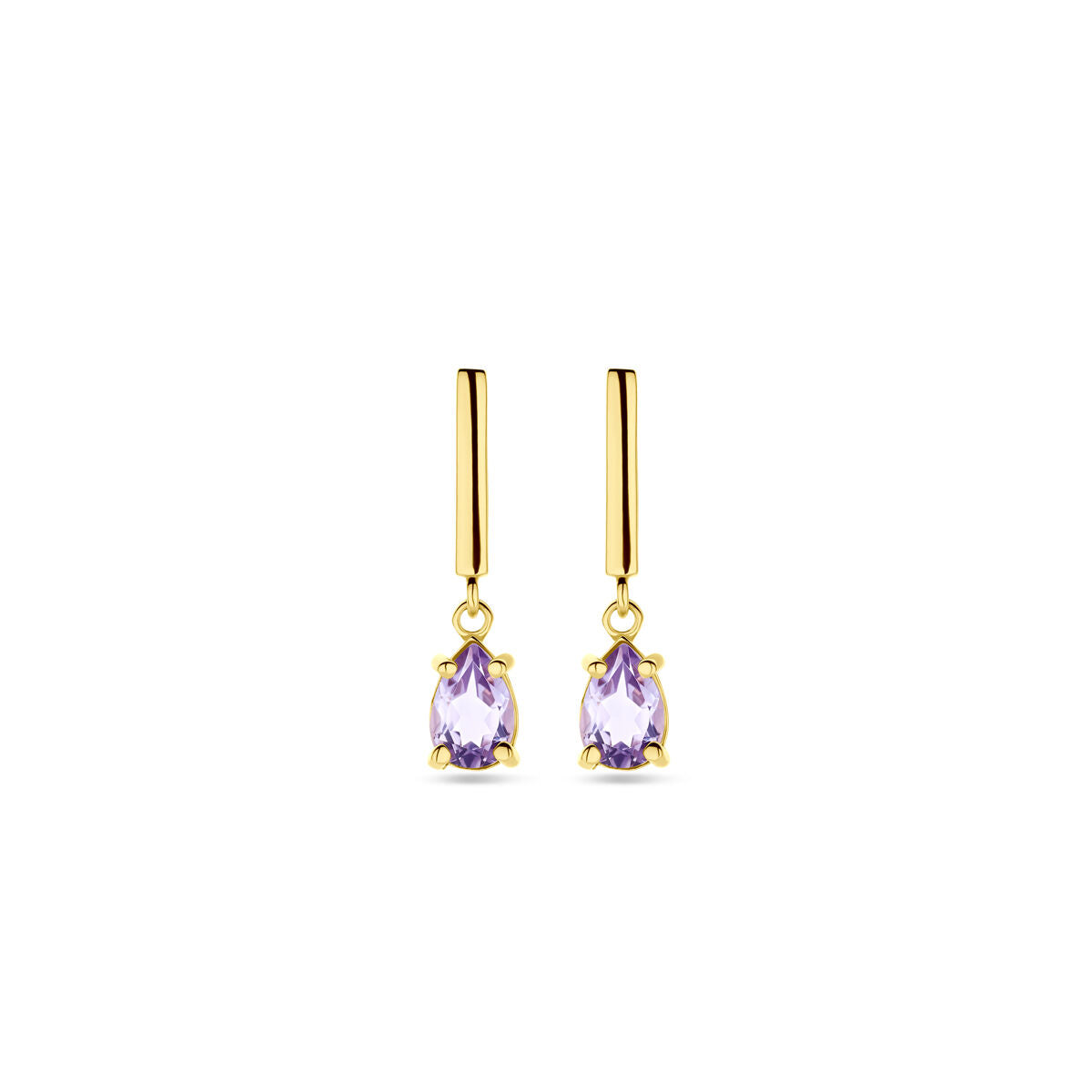 Pendientes largos de amatista de 19 mm en oro amarillo de 14 quilates.
