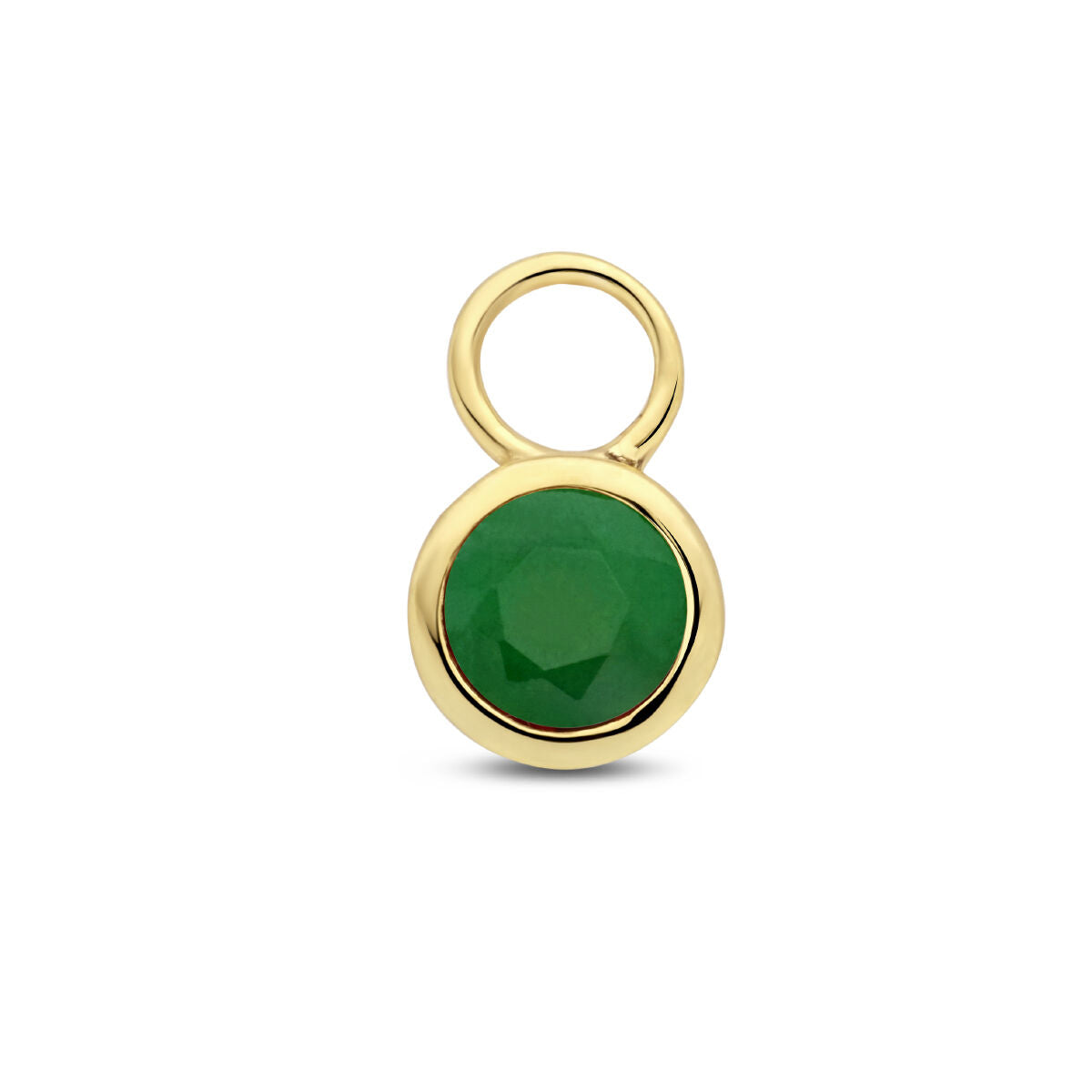 Colgante de oro amarillo de 14K con piedra de nacimiento verde, forma redonda y facetada.