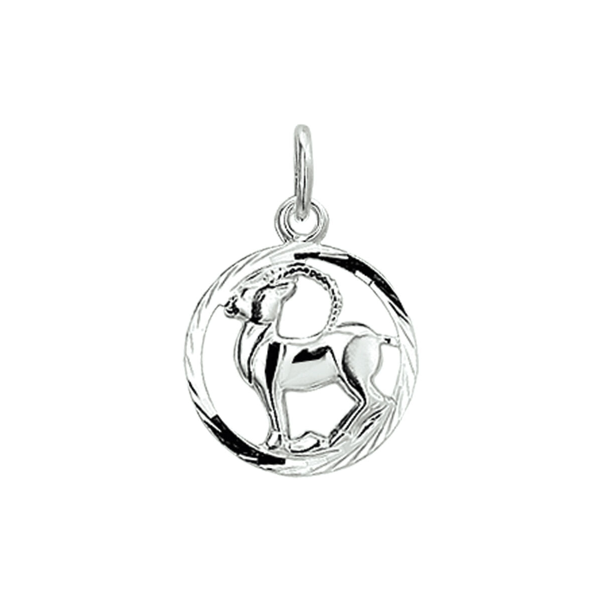 Colgante de plata con diseño de signo zodiacal, acabado brillante y detalles en relieve.