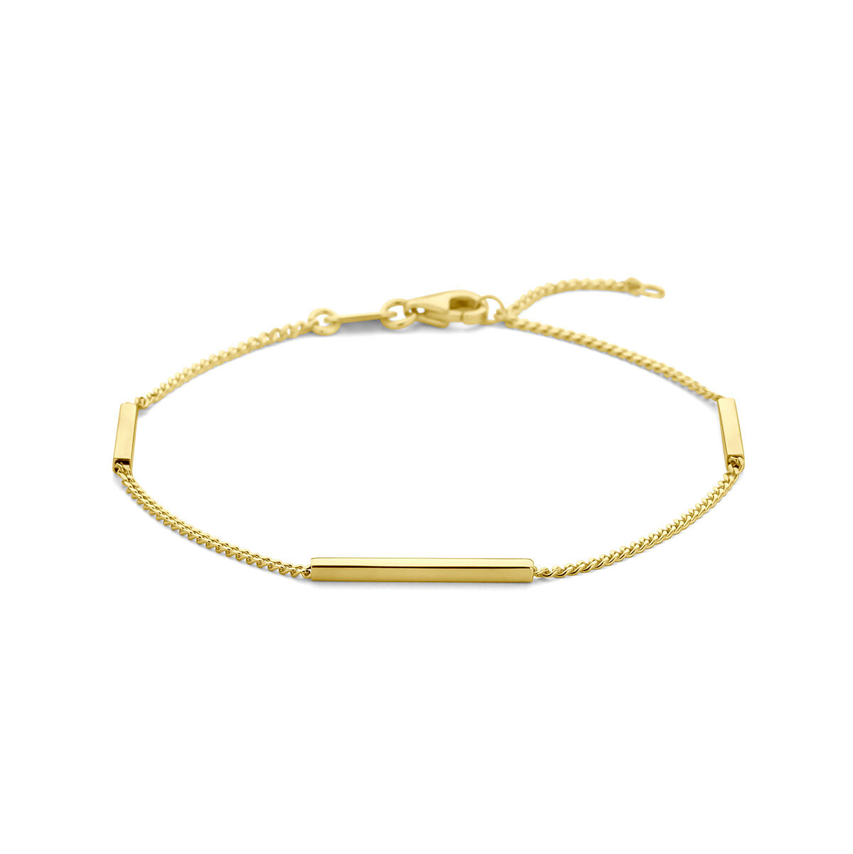 Pulsera de 14K en oro amarillo con barras rectangulares y cadena trenzada.