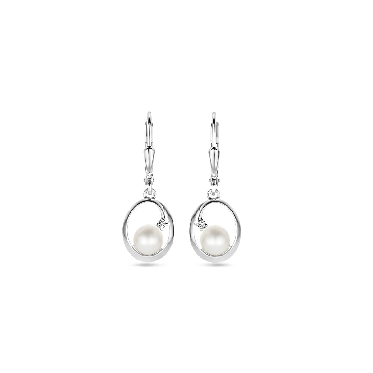 Pendientes largos ovalados de plata rodiada con perla y circonitas, de 27 mm.