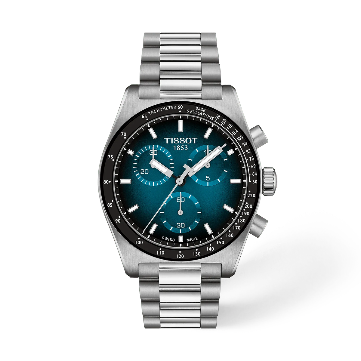 Reloj Tissot PR516 de 40 mm con esfera azul, caja de acero inoxidable y correa de acero.