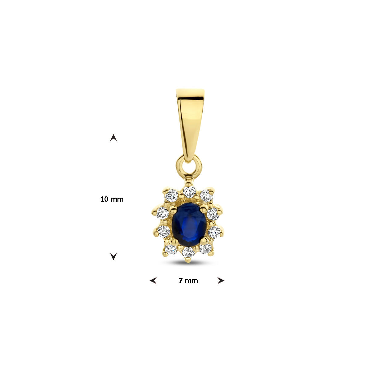 colgante de zafiro y circonita halo en oro amarillo de 14K