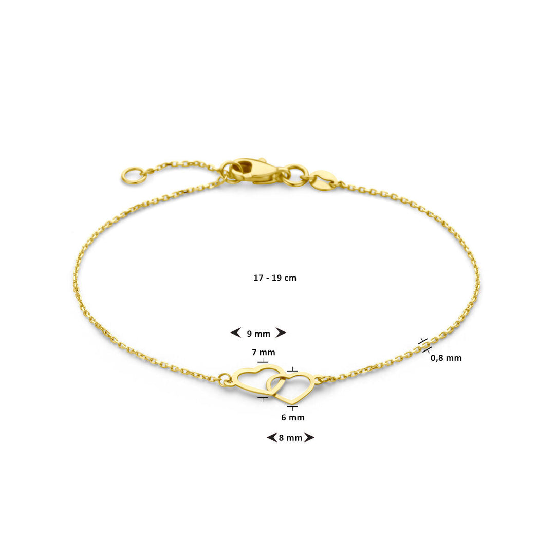 De Gouden armband dames hartjes 14K van Van der Kooij Collectie heeft twee in elkaar grijpende hartjes, is 17-19 cm lang en staat duidelijk met millimeters afgebeeld - ideaal als Valentijnsdag cadeau.