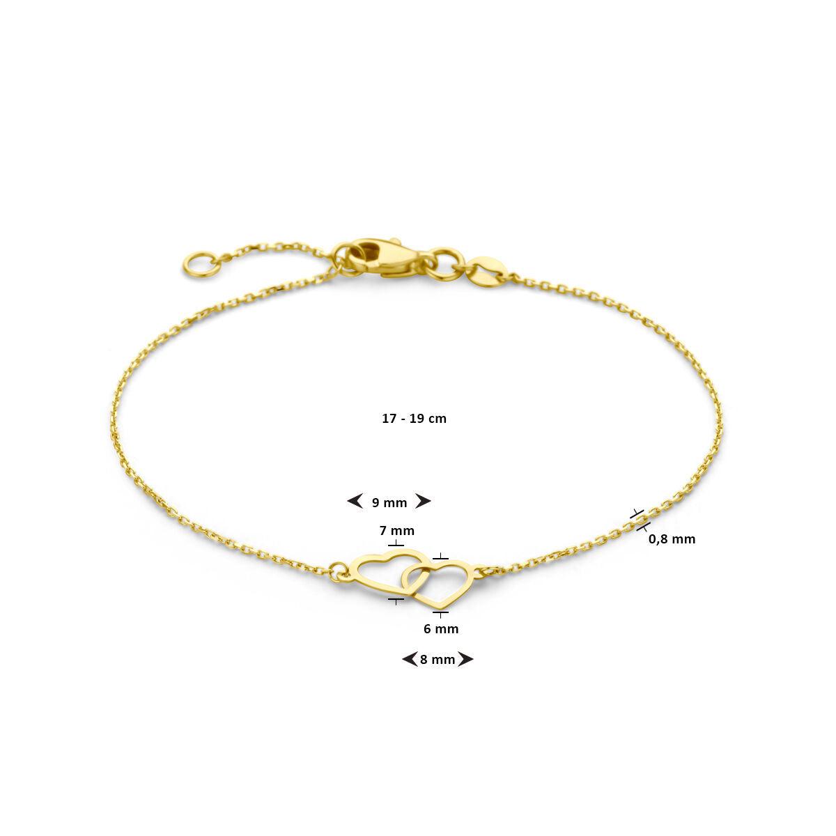 De Gouden armband dames hartjes 14K van Van der Kooij Collectie heeft twee in elkaar grijpende hartjes, is 17-19 cm lang en staat duidelijk met millimeters afgebeeld - ideaal als Valentijnsdag cadeau.