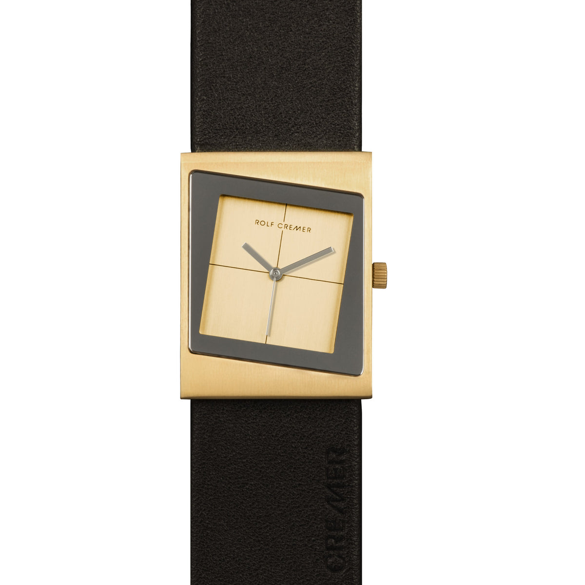 Reloj cuadrado dorado con correa de cuero negra y esfera beige.