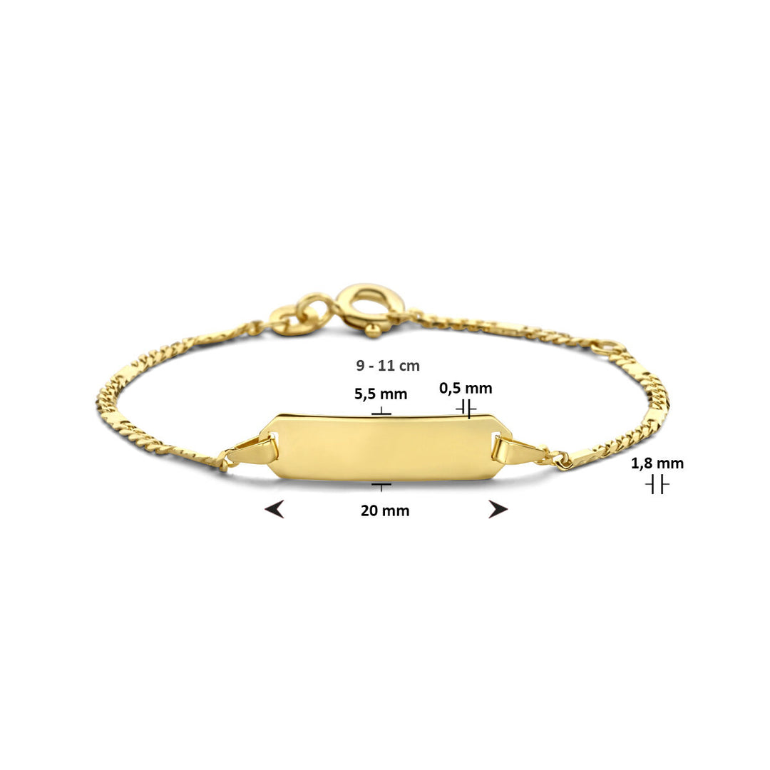 De "gravezrbrambmbaar plaat 5,5 mm 14K geelgoud" van de Van der Kooij Collectie heeft een ID-plaatje van 5,5x20 mm en een dikte van 0,5 mm. De verstelbare ketting (9-11 cm) geschikt voor kinderen, is 1,8 mm dik en sluit eenvoudig voor ideaal gebruik.