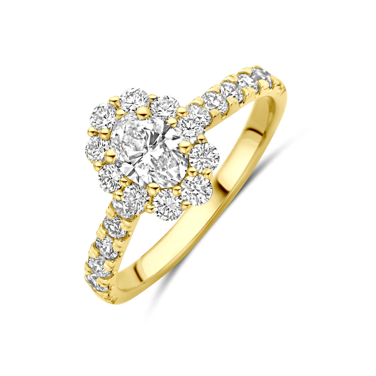 Anillo de oro amarillo de 14K con diamantes de laboratorio de 1.29 ct, diseño con piedras brillantes.
