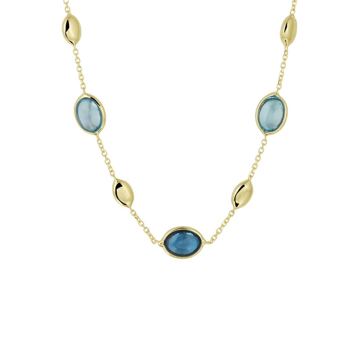 Cadena dorada con piedras de london blue y topacio azul en forma ovalada.