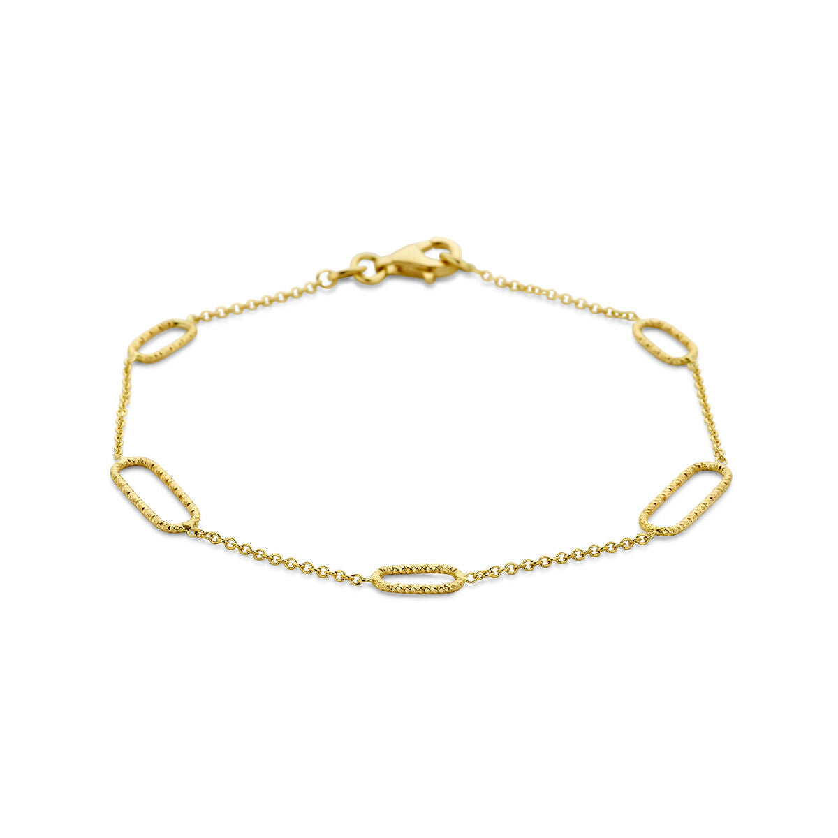 Pulsera de oro amarillo de 14 quilates con eslabones ovalados y detalles en cadena.