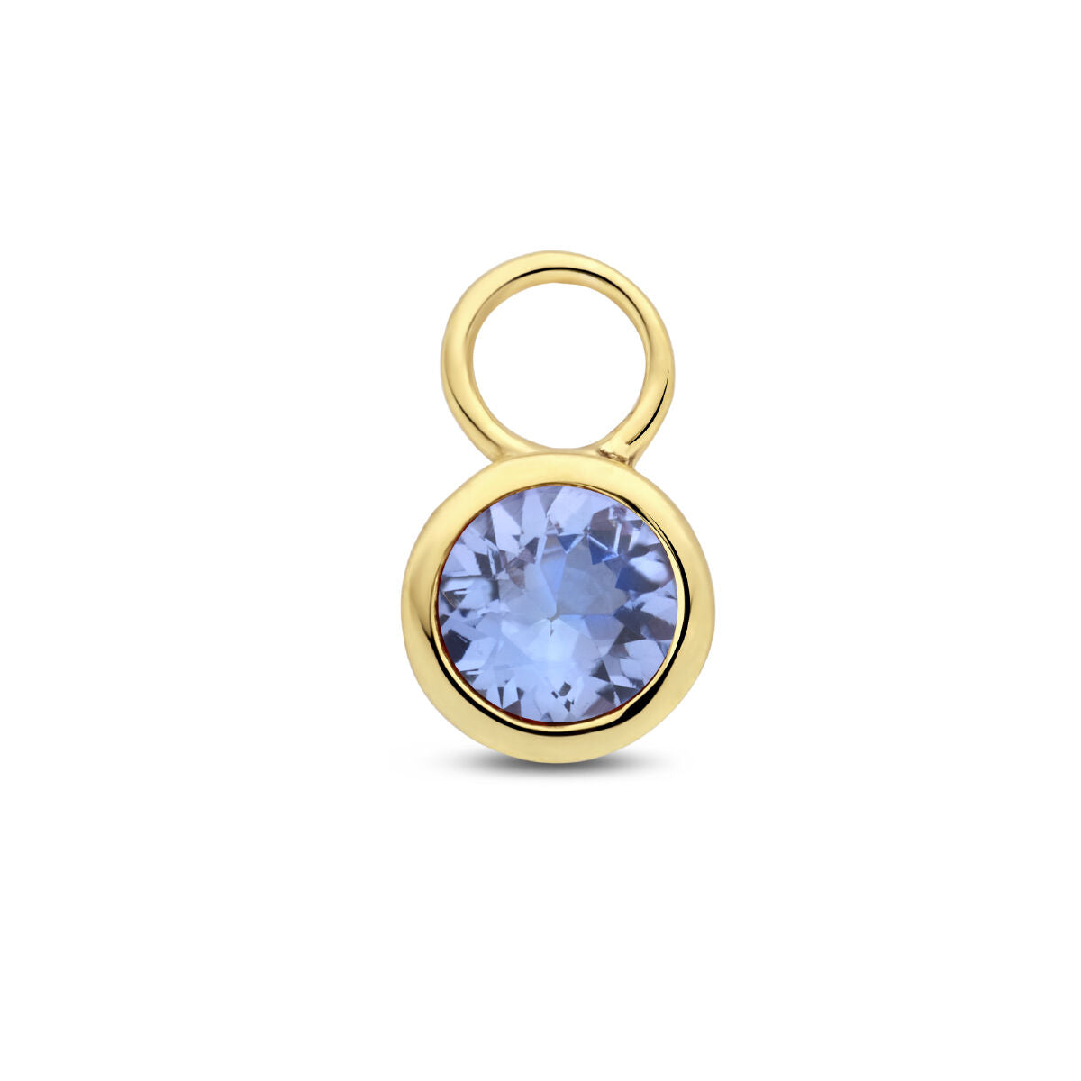 Colgante de tanzanita en oro amarillo de 14K, con forma redonda y engaste sencillo.