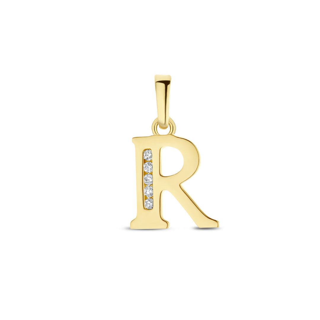 De hanger letter zirkonia 14K geelgoud uit de Van der Kooij Collectie is gevormd als de letter R met fonkelende zirkonia's langs de linkerzijde en hangt aan een eenvoudige borg voor een elegante ketting.