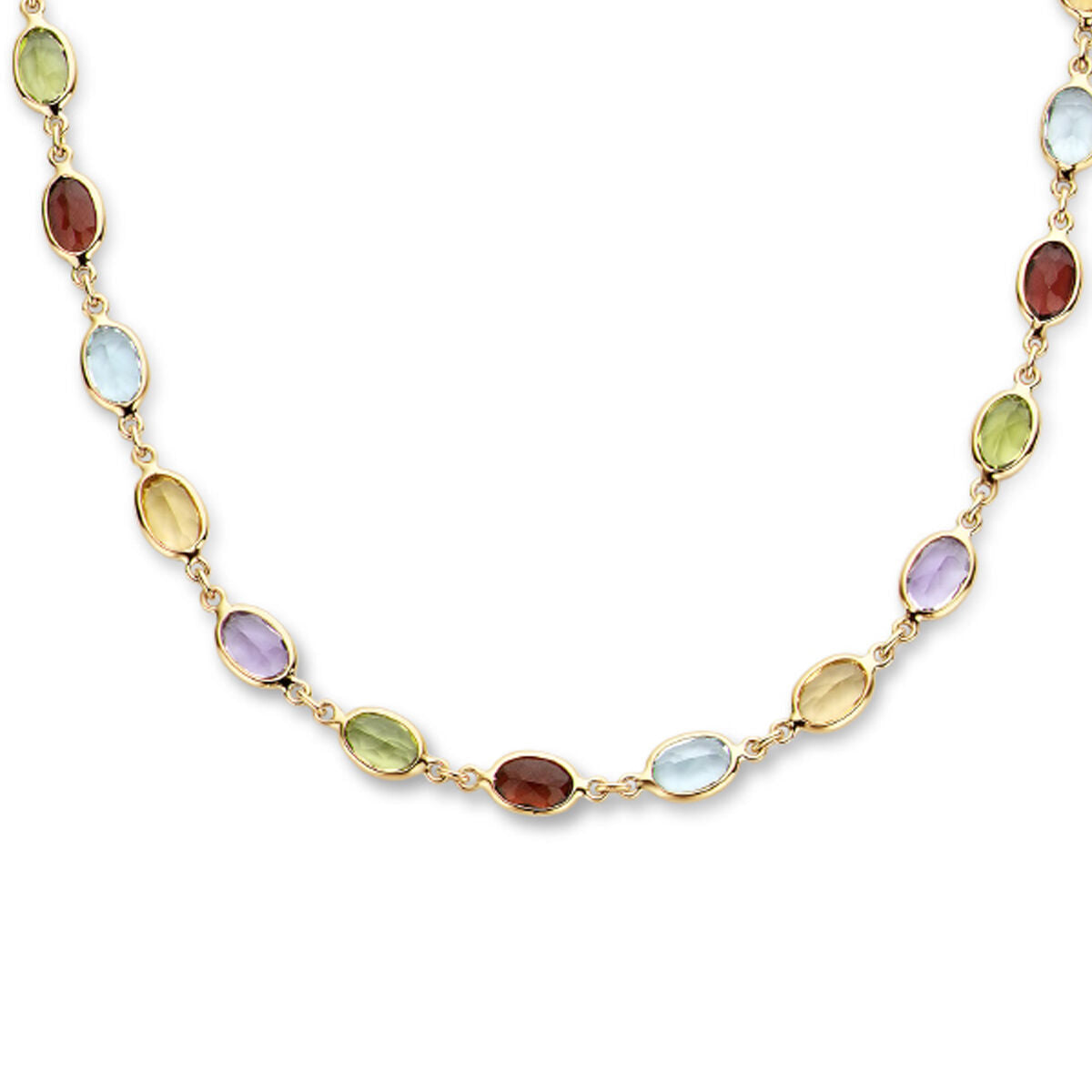 Cadena dorada para dama con piedras naturales de colores en forma ovalada.
