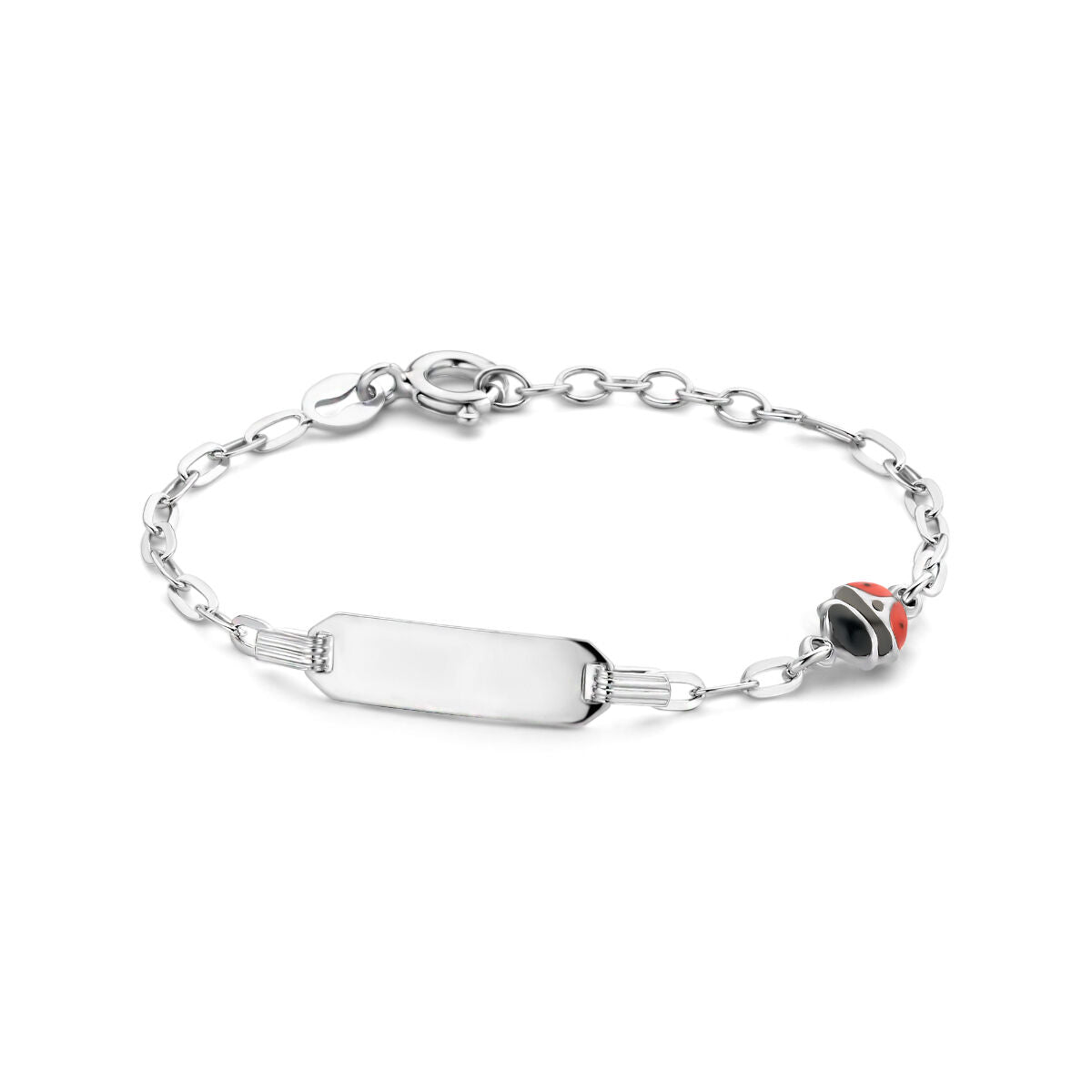 Pulsera de bebé de plata con placa y charm de mariquita, 5,0 mm, con acabado rodiado.