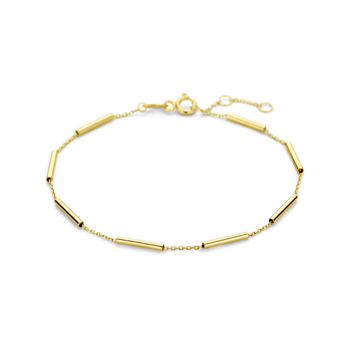Pulsera dorada de tubos en oro de 14 quilates con cierre de langosta.