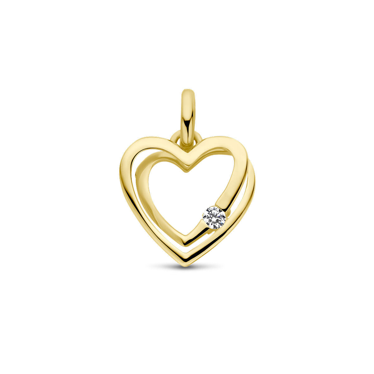 Colgante en forma de corazón de oro amarillo de 14K con zirconia brillante.