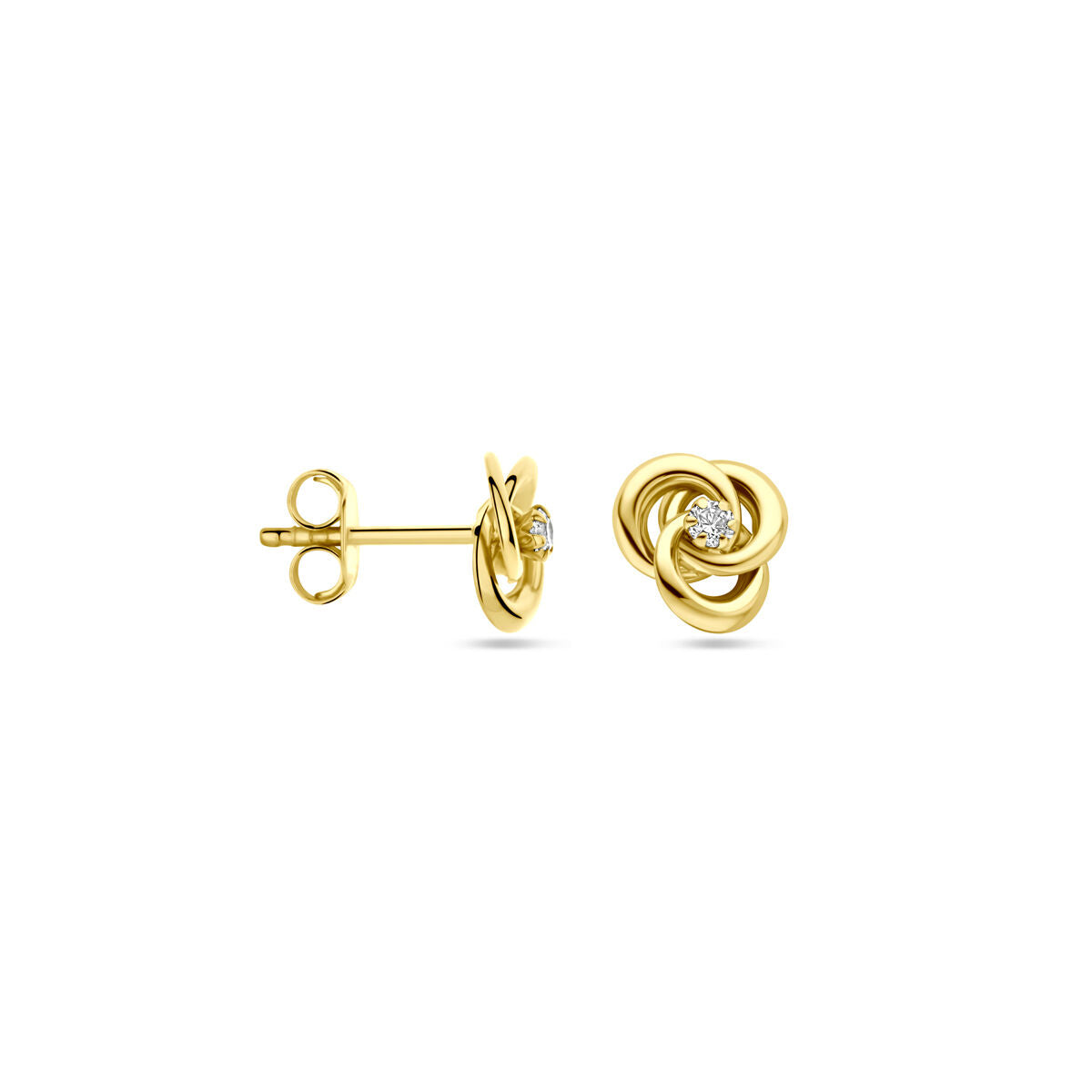 Een paar 14K geelgouden oorknoppen met zirkonia van 7 mm uit de Van der Kooij Collectie. Deze oorknoppen hebben een centrale ronde zirkonia en een elegant lusontwerp met vlindersluiting aan de achterkant, zowel van voren als van opzij gezien.