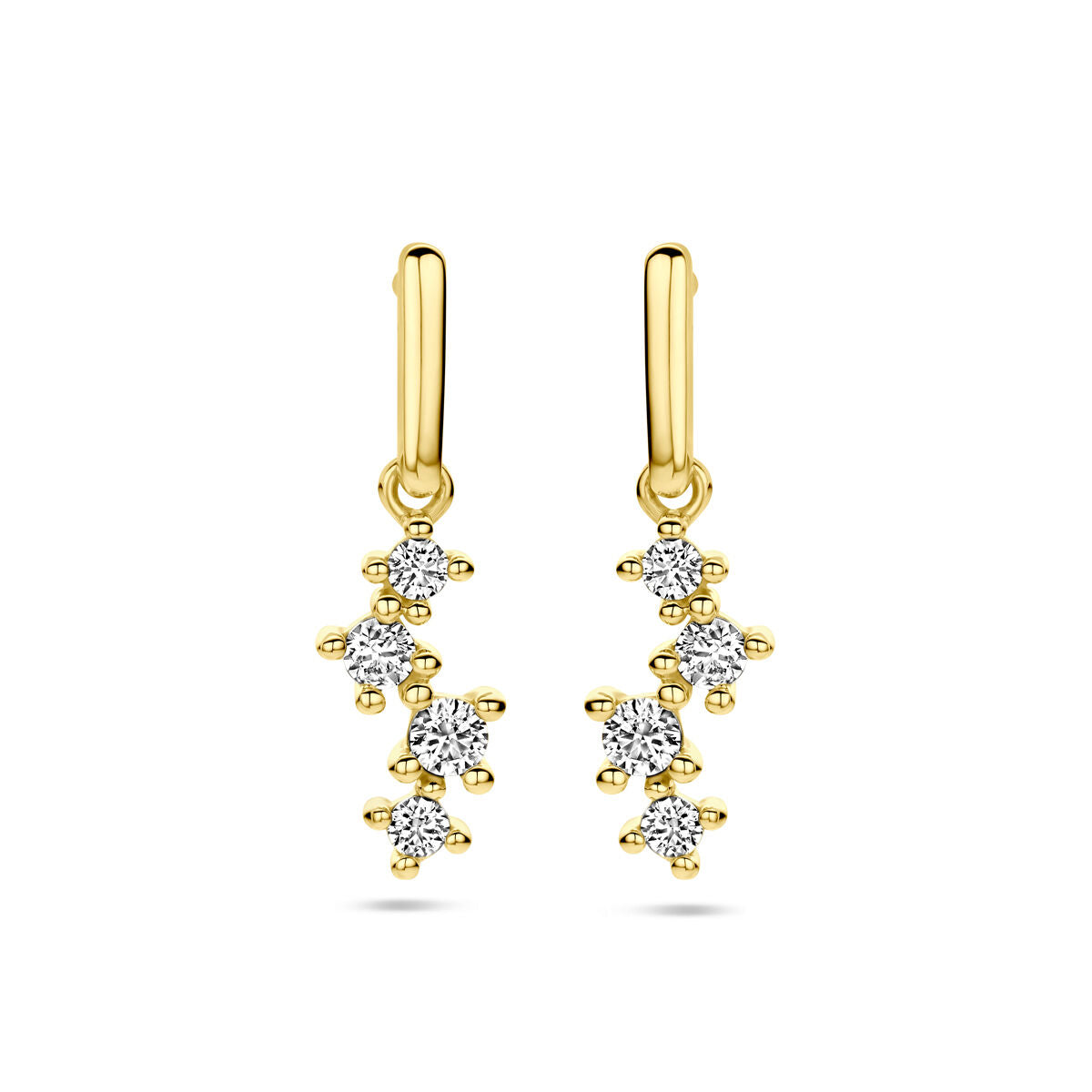 Pendientes largos de oro amarillo de 14K con zircón en forma de estrella.