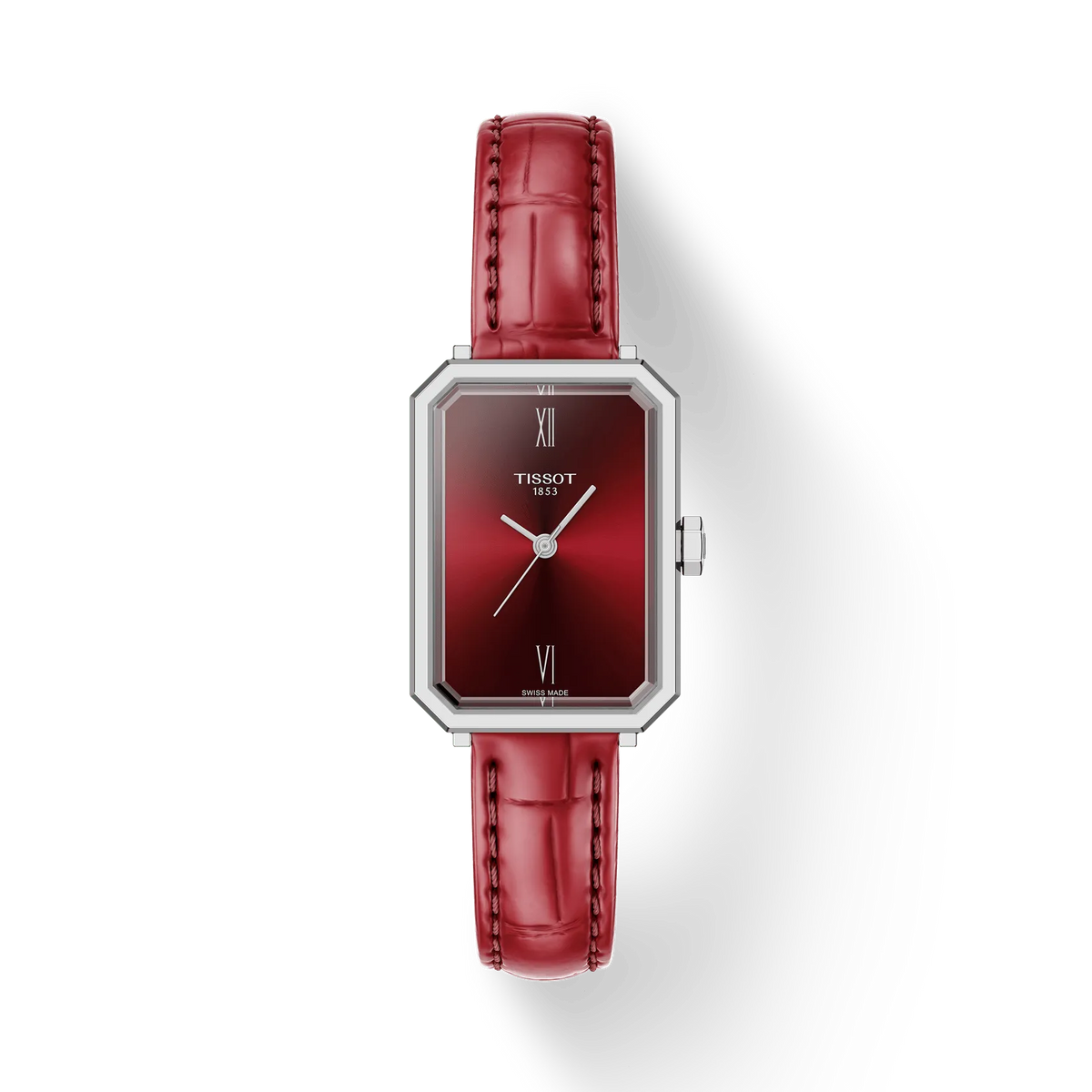 Reloj de mujer Tissot de 30 mm con caja rectangular plateada y esfera roja, correa de cuero roja.