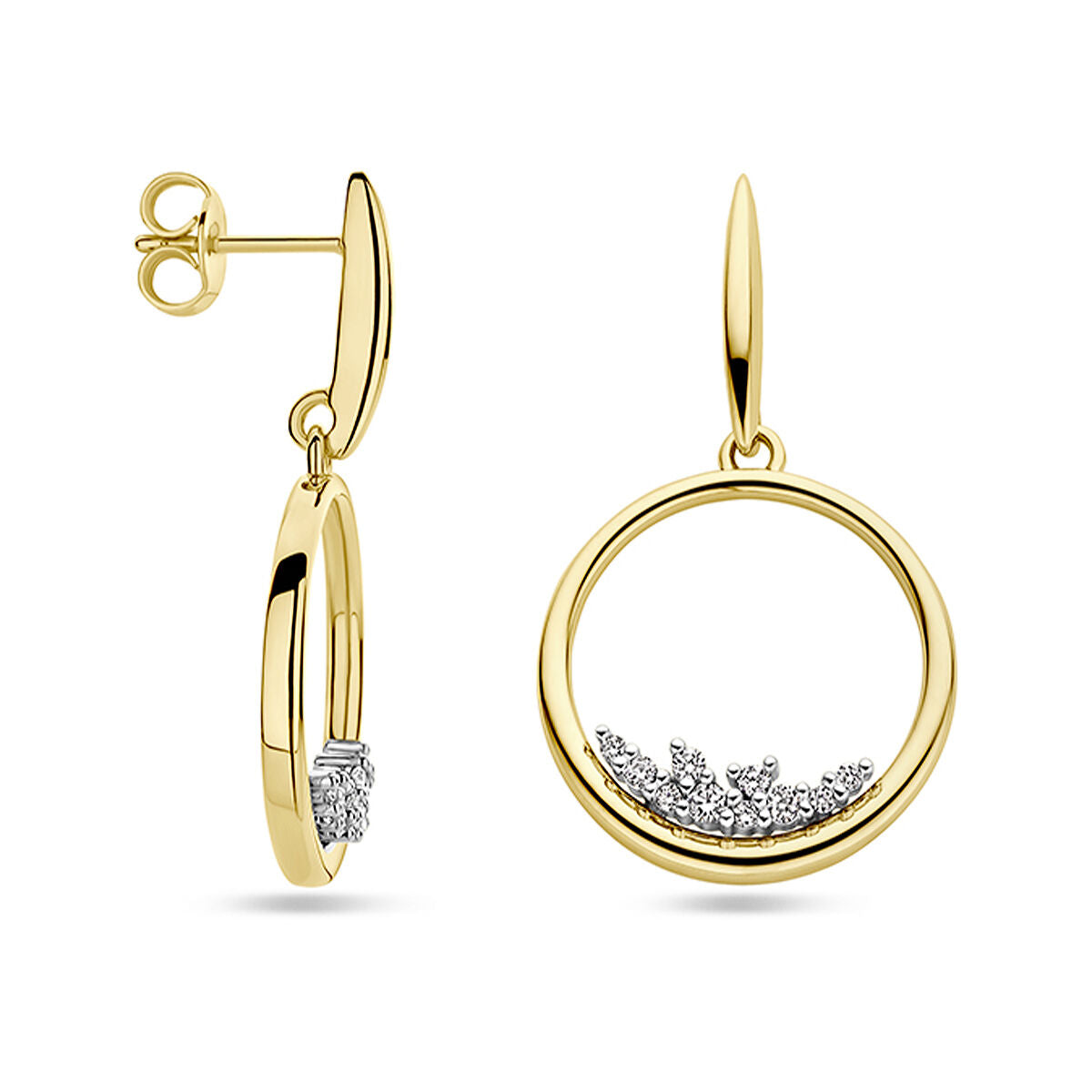 pendientes círculo diamante 0.23ct (2x 0.115ct) h si oro bicolor amarillo/blanco 14K