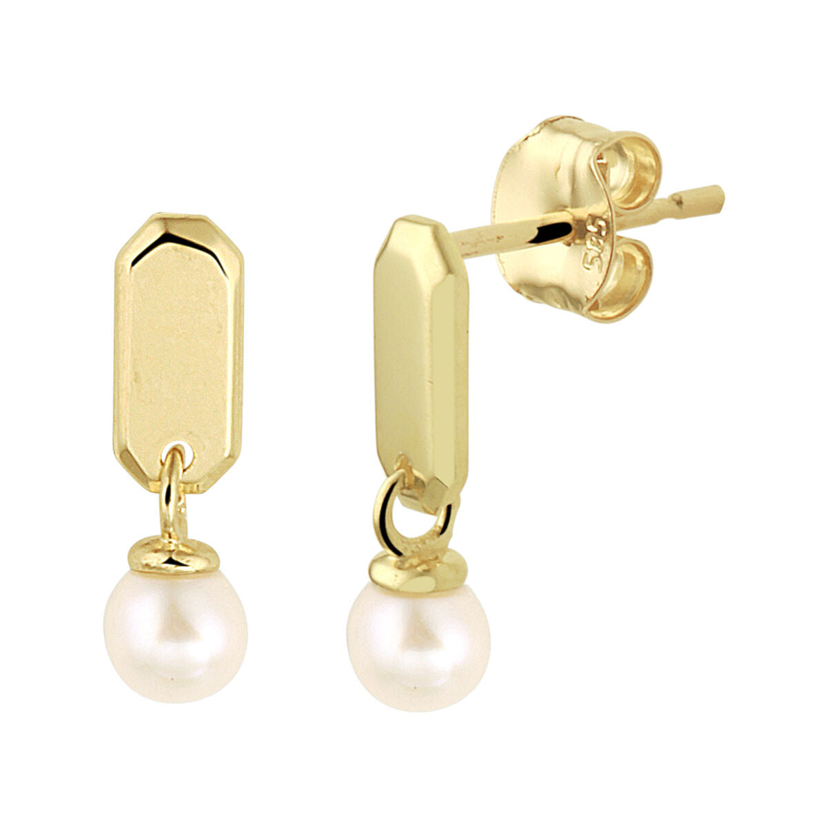 Pendientes largos de oro amarillo de 14K con perlas blancas.