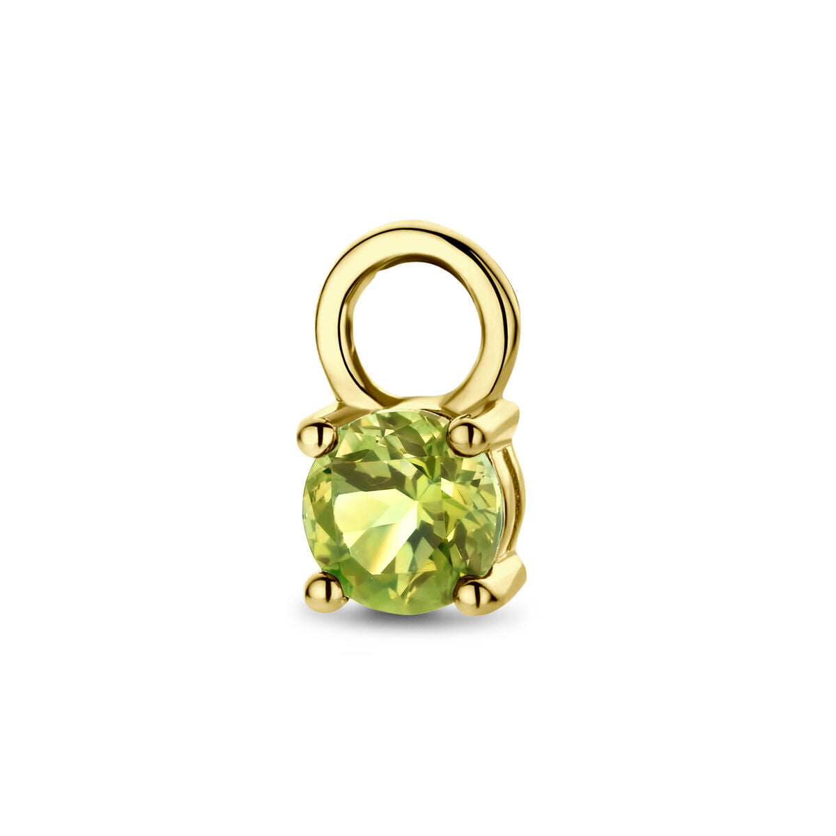 Colgante de oro amarillo de 14K con piedra peridoto redonda y engaste sencillo.