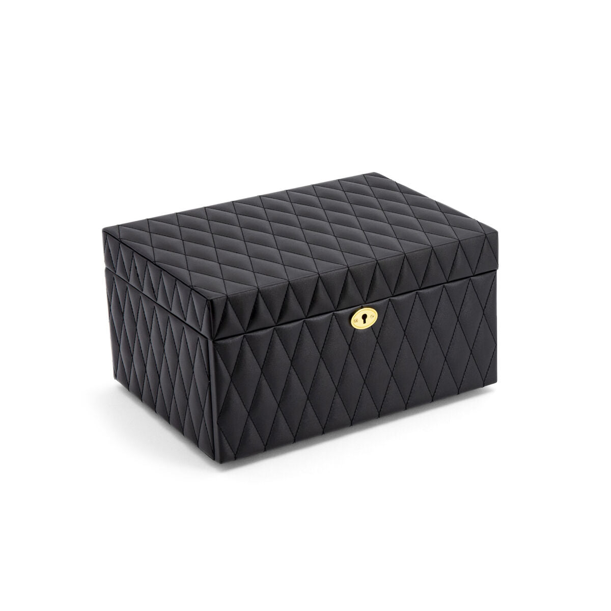 Caja de joyas negra con textura acolchada y cierre dorado.