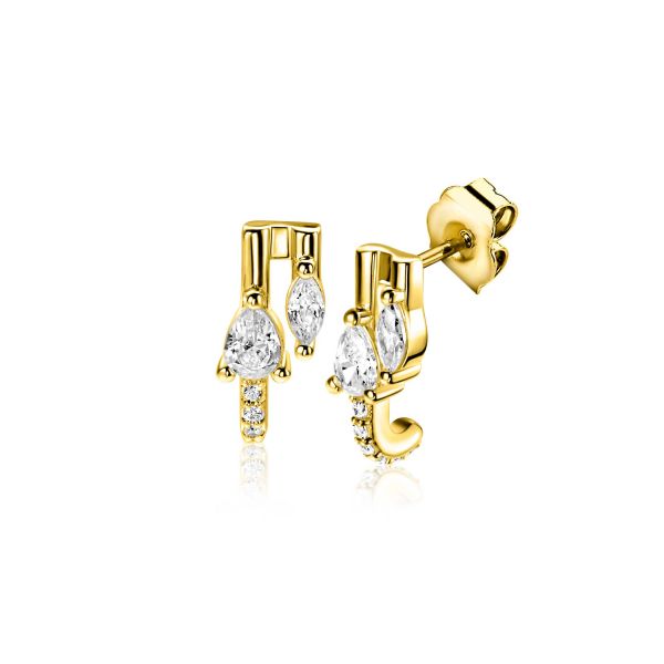 Pendientes de oro con piedras brillantes en forma de pera y pequeños circonitas.