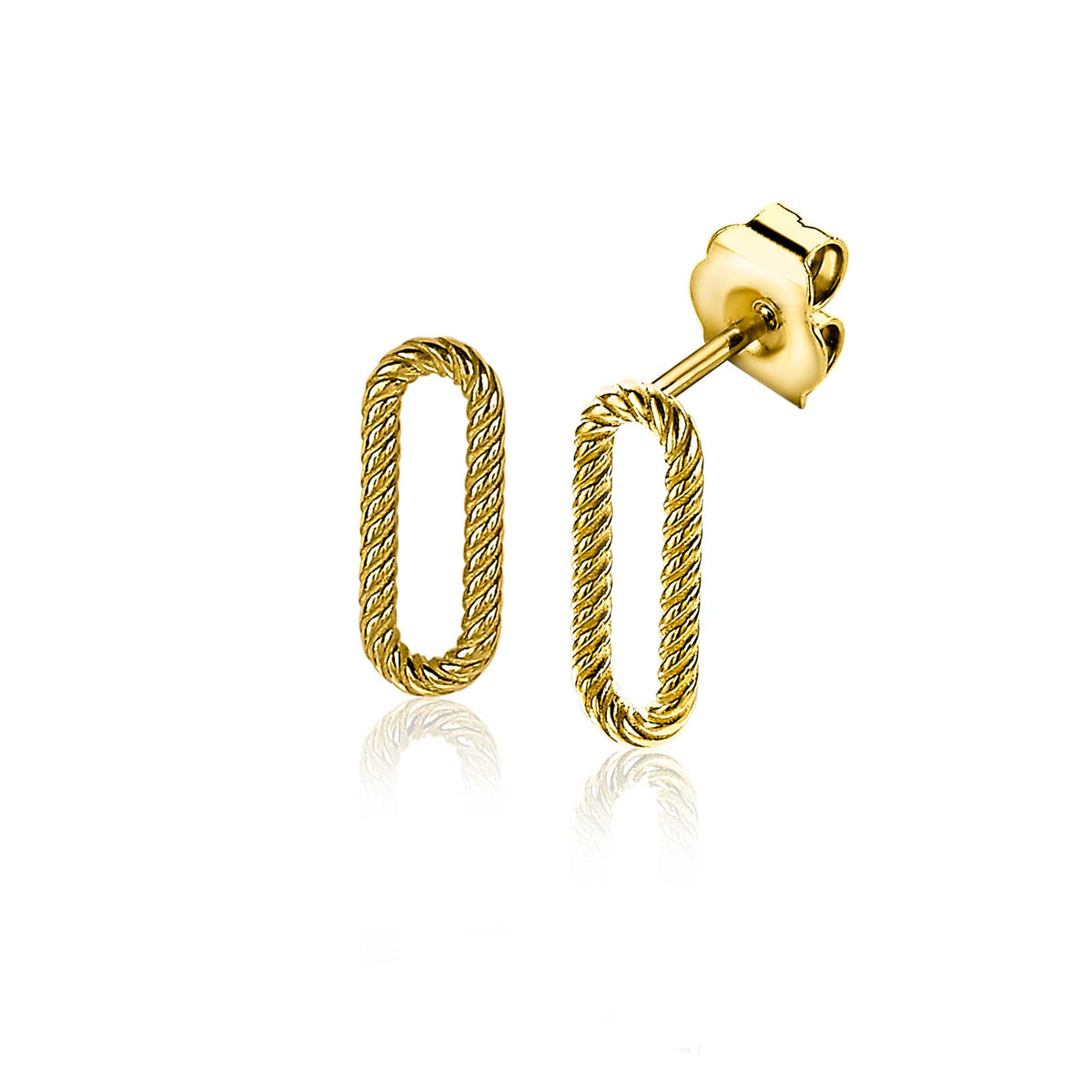 Pendientes de aro dorados con diseño trenzado en forma ovalada.