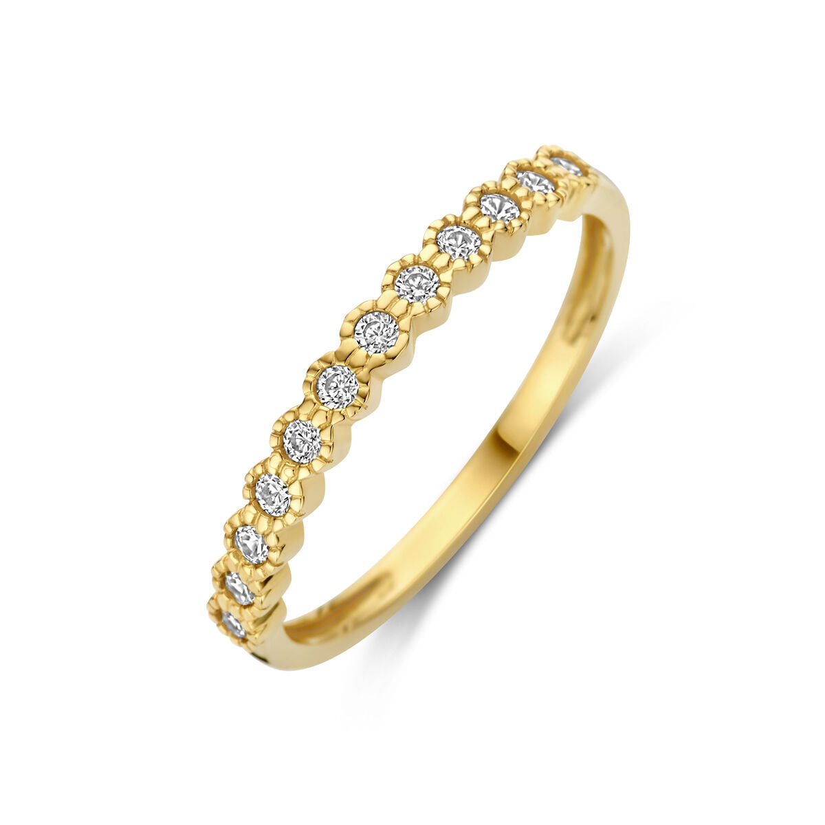 Anillo de oro amarillo de 14K con circonitas brillantes en forma de flor.
