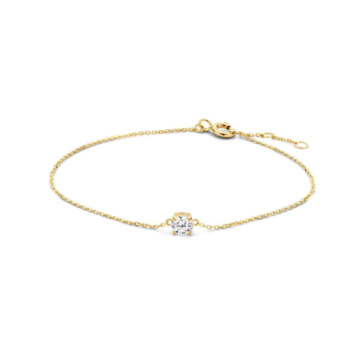 Pulsera dorada de 14K con zirconia, delicada y con un detalle central brillante.