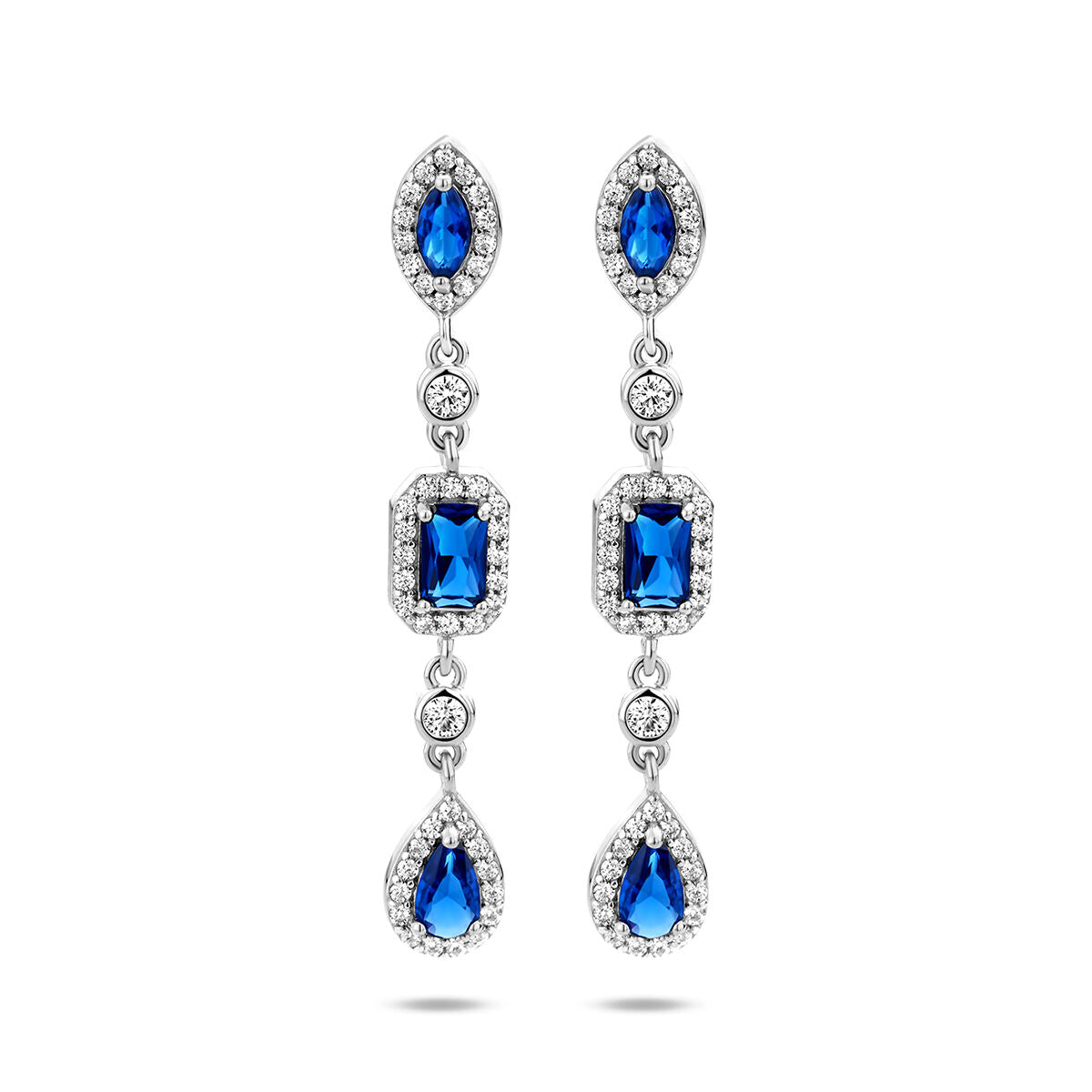 Pendientes largos de zircónia con zafiros azules, en plata rodiada, con diseño en forma de gota.