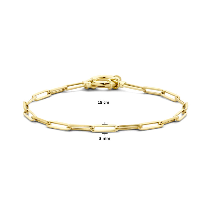 De Van der Kooij Collectie armband paperclip vierkante buis 3,0 mm 18 cm met groot veerslot is een 14K geelgouden damesarmband met vierkante buis schakels, geïnspireerd op de paperclip stijl en afgebeeld op een witte achtergrond.