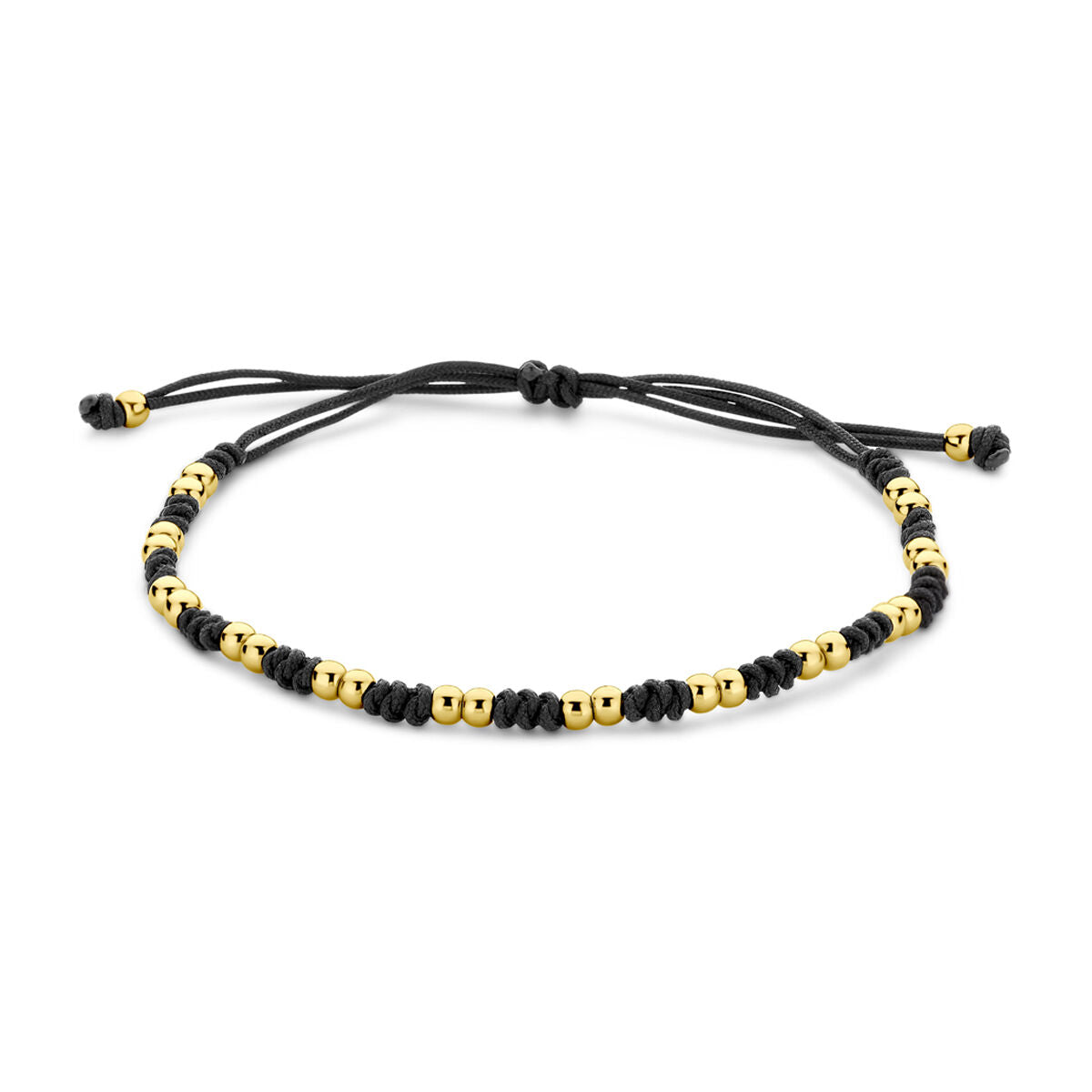 Pulsera de bolitas de 14K dorado con detalles en goma, nylon y cuero, ajustable de 12 a 24 cm.