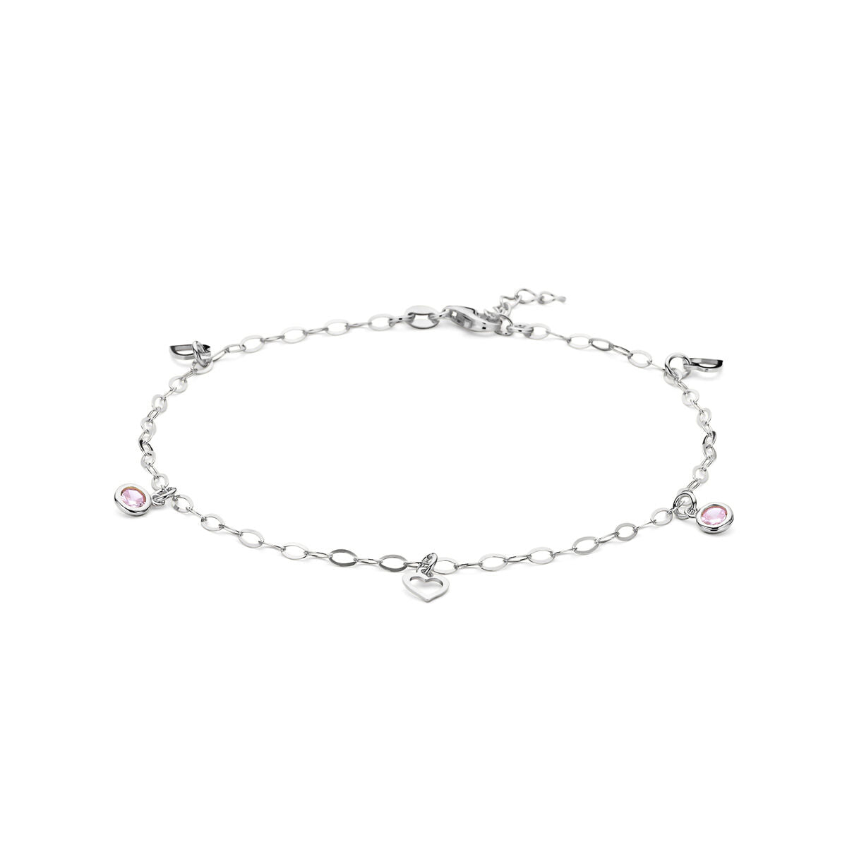Anillo de tobillo plateado con corazón y circonitas rosas, de 24 + 2 cm.