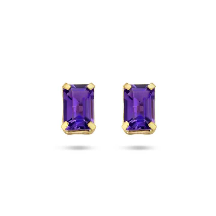 De Van der Kooij Collectie oorknoppen amethist 14K geelgoud zijn stijlvolle, rechthoekige stud oorbellen met smaragdgeslepen amethist in geelgouden zetting, prachtig gepresenteerd op een witte achtergrond.