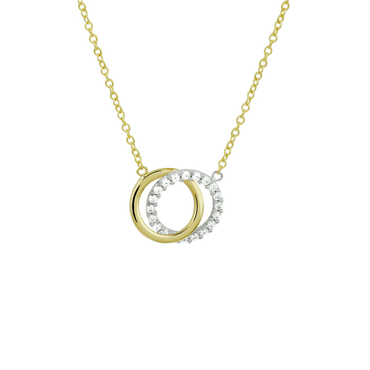 Collar bicolor de oro amarillo y blanco con dos círculos, uno engastado con circonitas.