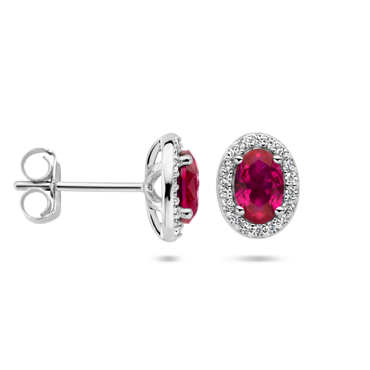 pendientes de botón de circonita roja y blanca halo de plata rodiada