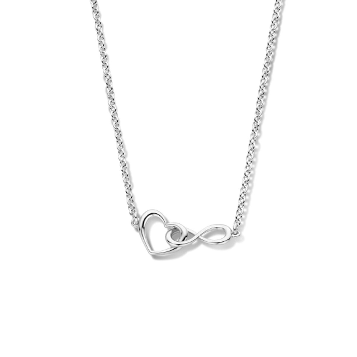 Collar de plata rhodium con colgante de corazón y símbolo de infinito.