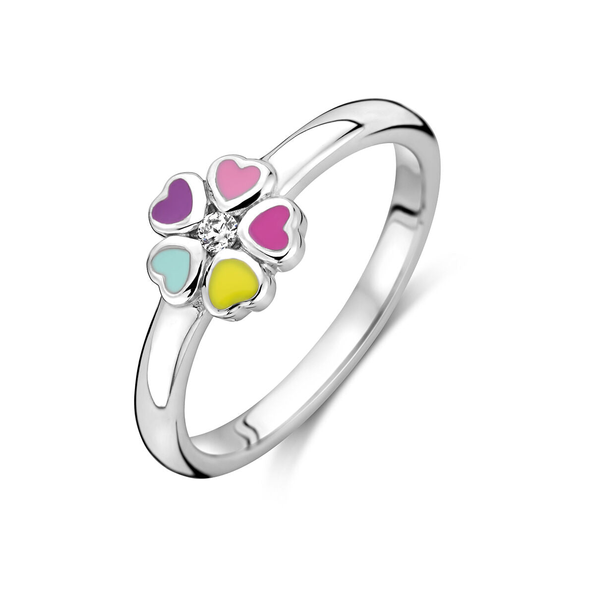 Anillo de plata rodiada con diseño de flor de corazones en colores rosa, morado, amarillo y circonita.