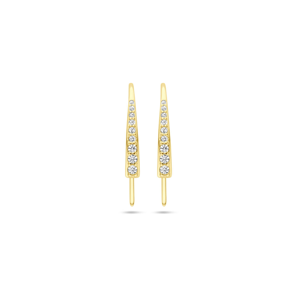 Pendientes largos de oro amarillo de 14 quilates con piedras brillantes.