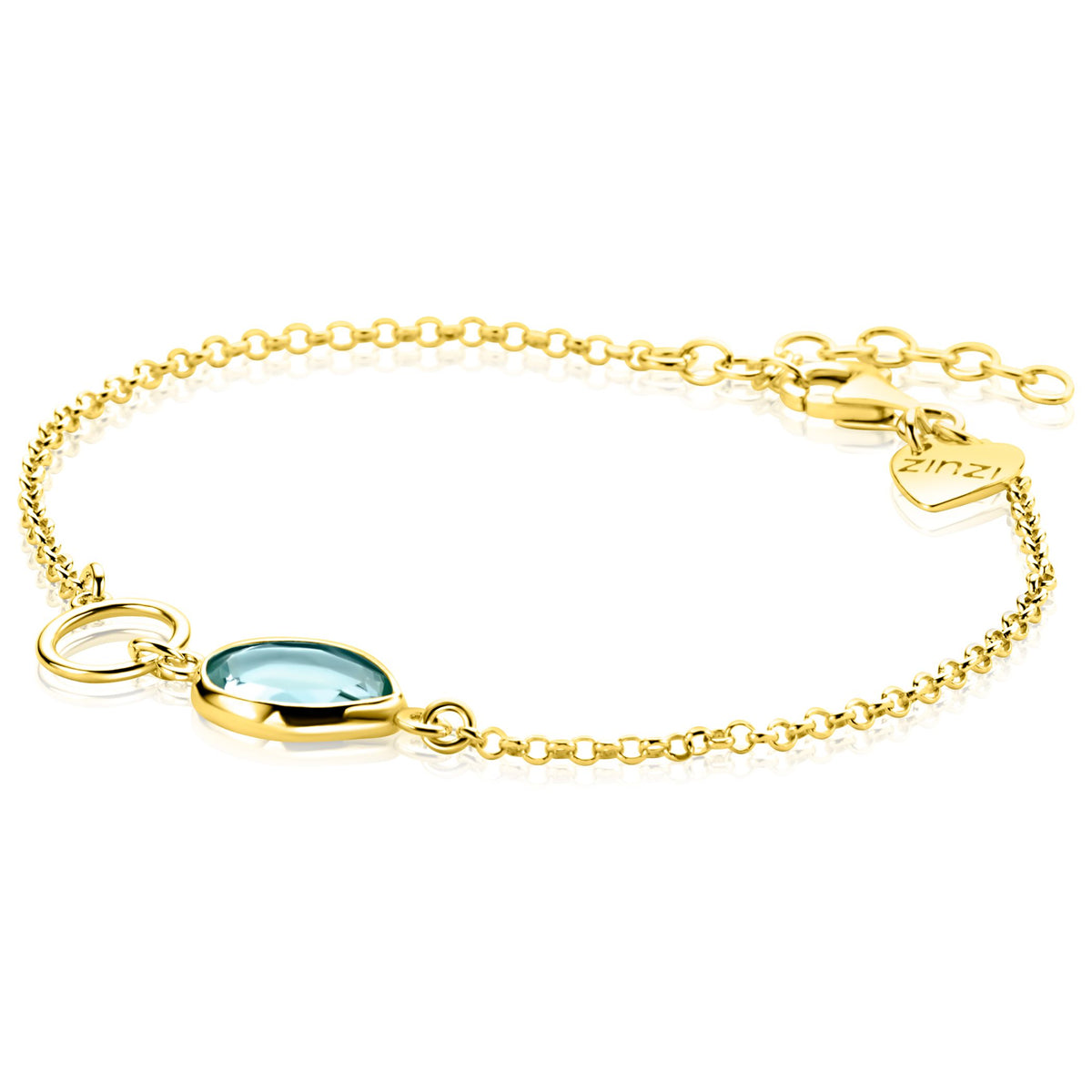 Pulsera dorada con un charm ovalado y una piedra azul clara.