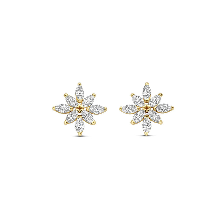 Van der Kooij Collectie oorknoppen zirkonia 7,5 mm van 14K geelgoud, bloemvormig met marquise geslepen zirkonia als stervormige bloemknoppen.