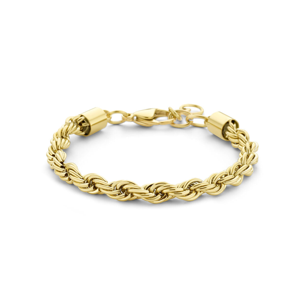 Pulsera de acero inoxidable con ion plating dorado, trenzada, de 17 cm más 3 cm de extensión.