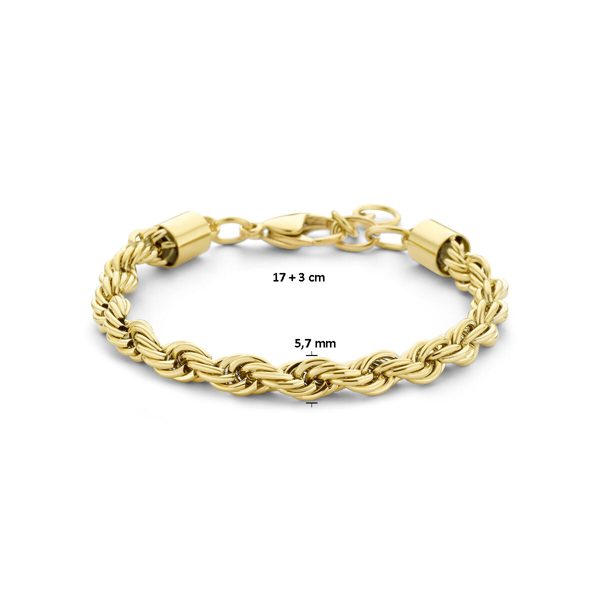 De Van der Kooij Collectie armbandkoord 5,7 mm, 17 + 3 cm, van ion plating edelstaal is afgebeeld op een witte achtergrond met stevige karabijnsluiting en beide maten duidelijk zichtbaar op de foto.